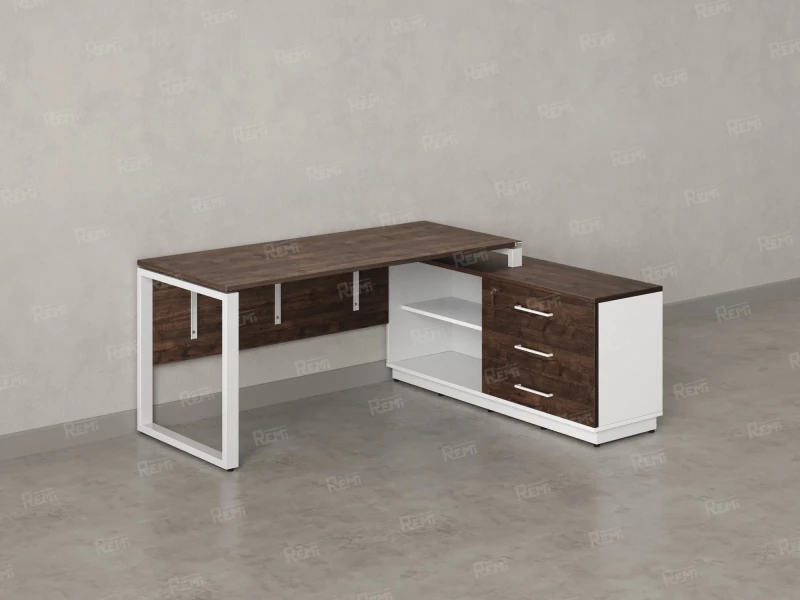 Стол прямой с тумбой R, ЛДСП экран, О-опора 1600x1400x750 RM012R-16x7 Дуб Апрельский шоколад/Белый