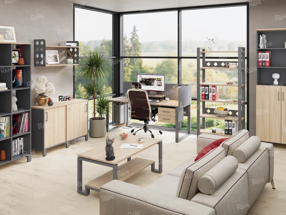 Стол прямой с подвесной тумбой 2 ящика, О-опора 1800x700x750 RM037-18x7 Вяз Швейцарский светлый/Серый