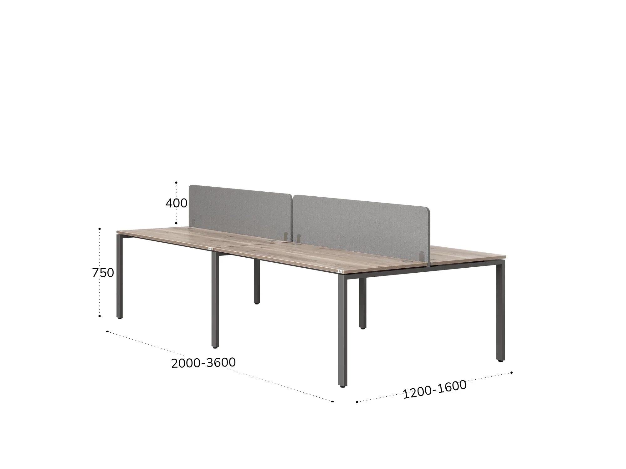 Бенч-система, 4 рабочих места, на П-образных опорах, 2 тканевых экранов 2800x1600x750 RM166-3-14x16 Дуб Маувелла/Серый