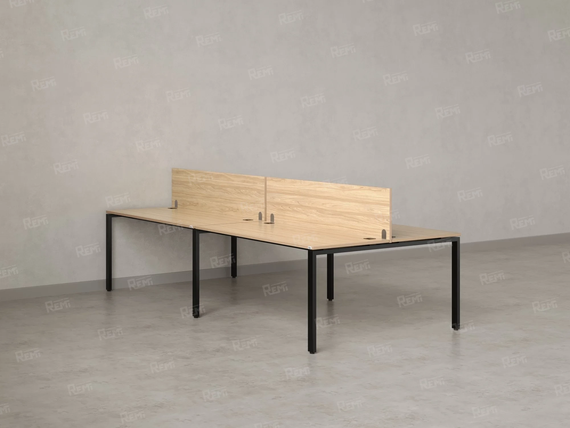 Бенч-система, 4 рабочих места, на П-образных опорах, 2 ЛДСП экранов 2000x1200x750 RM166-4-10x12 Вяз Швейцарский светлый/Черный