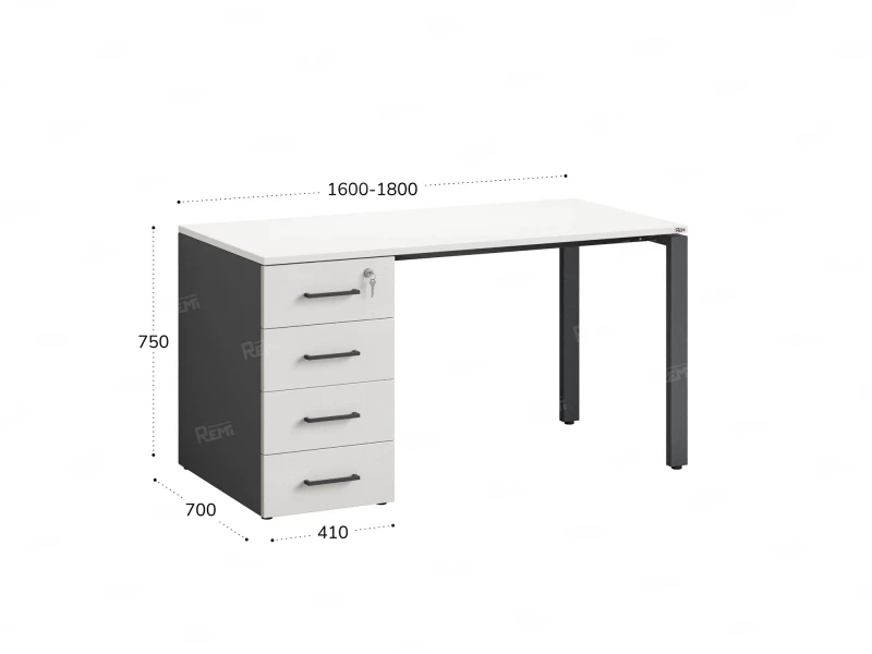 Стол прямой с тумбой на П-образных опоре, левый 1600x700x750 RM102-16x7 Белый/Серый