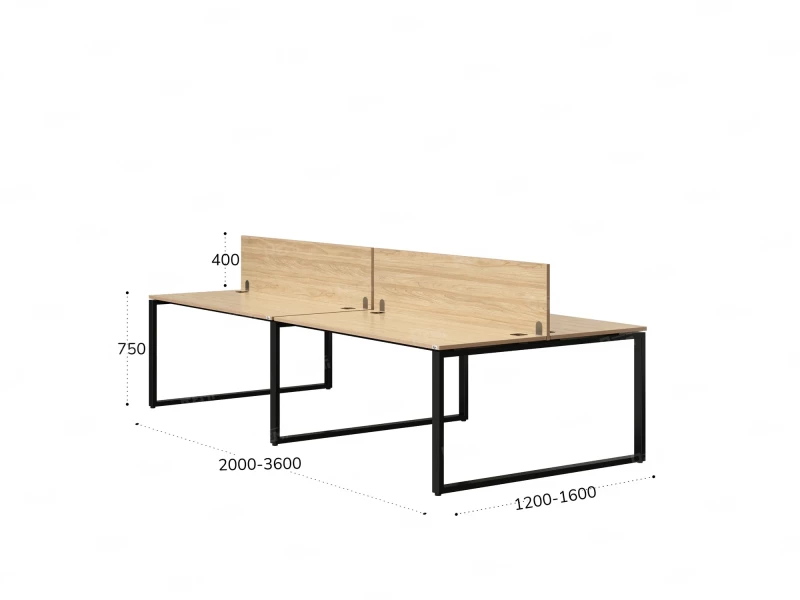 Бенч-система, 4 рабочих места, на О-образных опорах, 2 ЛДСП экранов 3200x1400x750 RM170-4-16x14 Вяз Швейцарский светлый/Черный