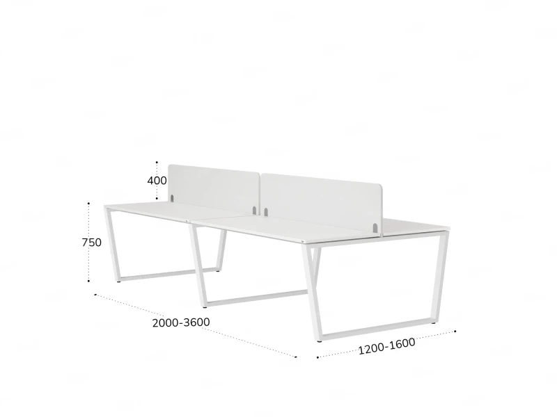 Бенч-система, 4 рабочих места, на U-образных опорах, 2 тканевых экранов 2000x1600x750 RM173-3-10x16 Белый/Белый
