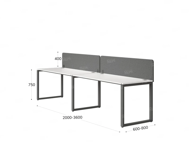 Бенч-система в 1 ряд, 2 рабочих места 2 тканевых экранов 2000x800x750 RM168-3-20x8 Белый/Серый