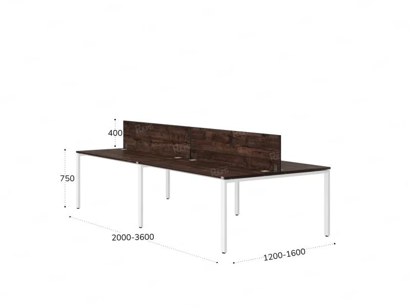 Бенч-система, 4 рабочих места, на П-образных опорах, 2 ЛДСП экранов 2000x1200x750 RM166-4-10x12 Дуб Апрельский шоколад/Белый