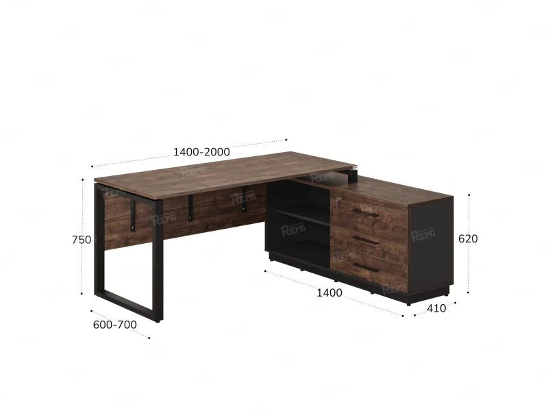 Стол прямой с тумбой R, ЛДСП экран, О-опора 1600x1400x750 RM012R-16x7 Дуб Апрельский шоколад/Черный