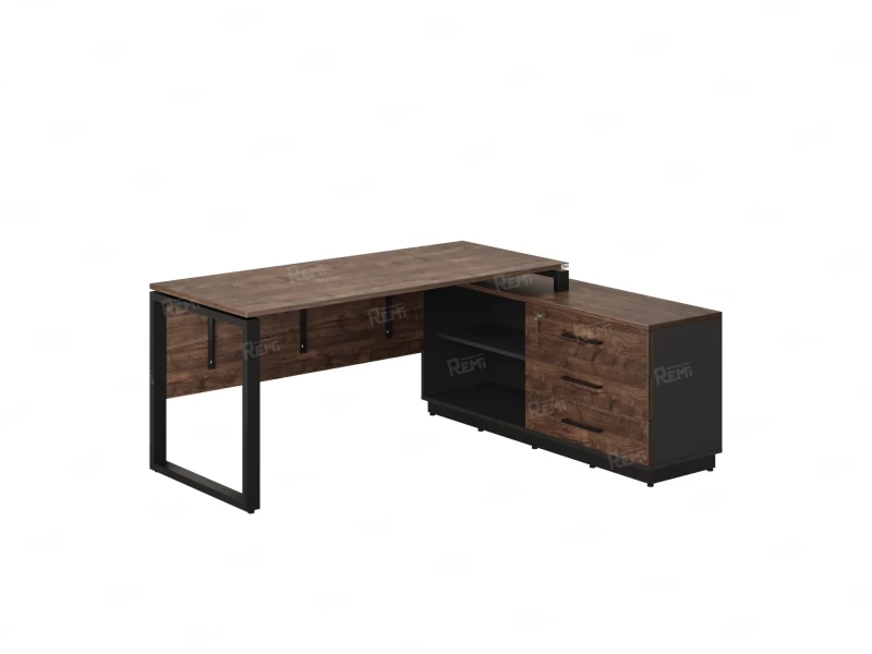 Стол прямой с тумбой R, ЛДСП экран, О-опора 1600x1400x750 RM012R-16x7 Дуб Апрельский шоколад/Черный