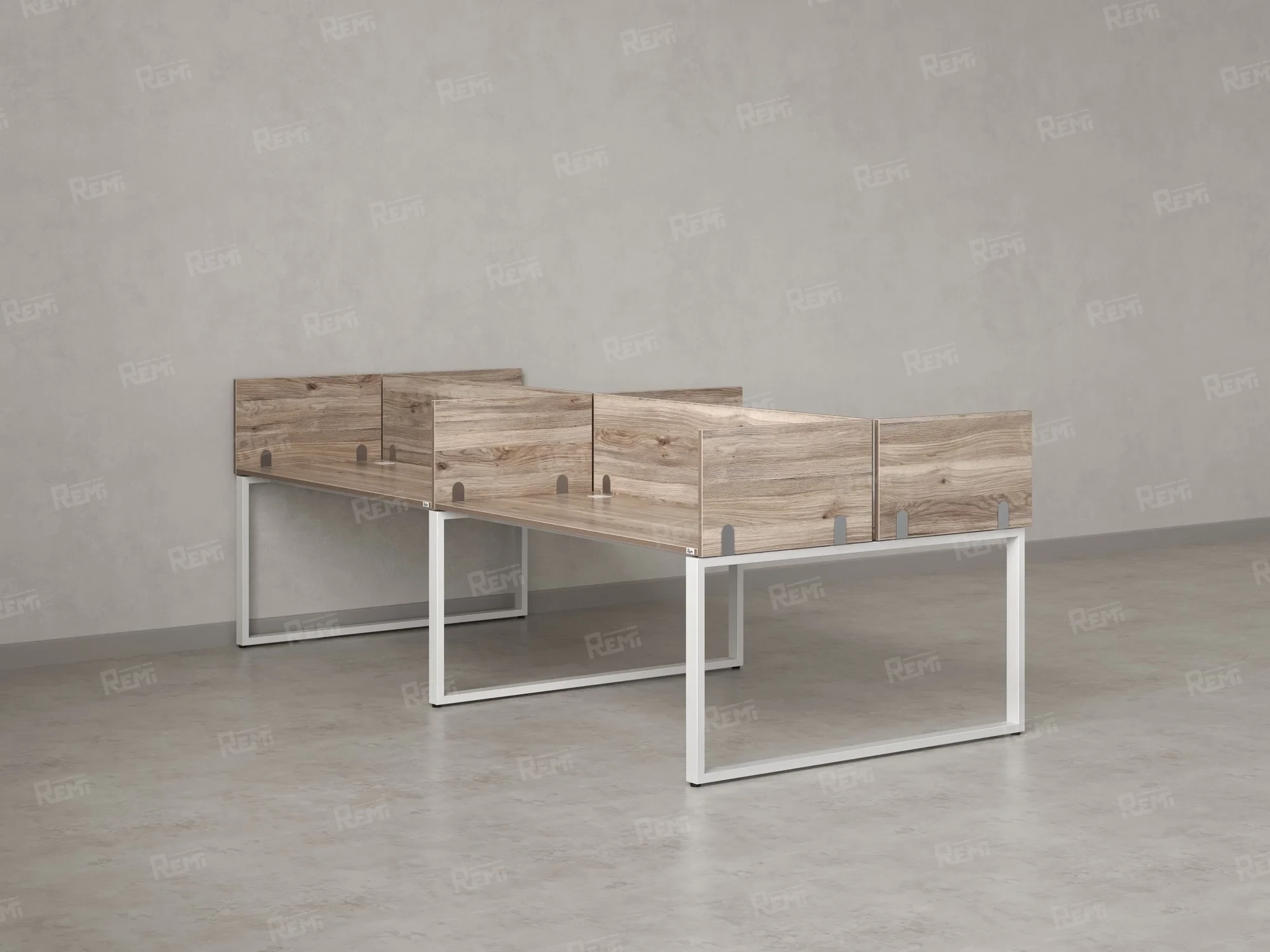 Бенч-система, 4 рабочих места, на О-образных опорах, 8 ЛДСП экранов 3600x1400x750 RM170-1-18x14 Дуб Маувелла/Белый