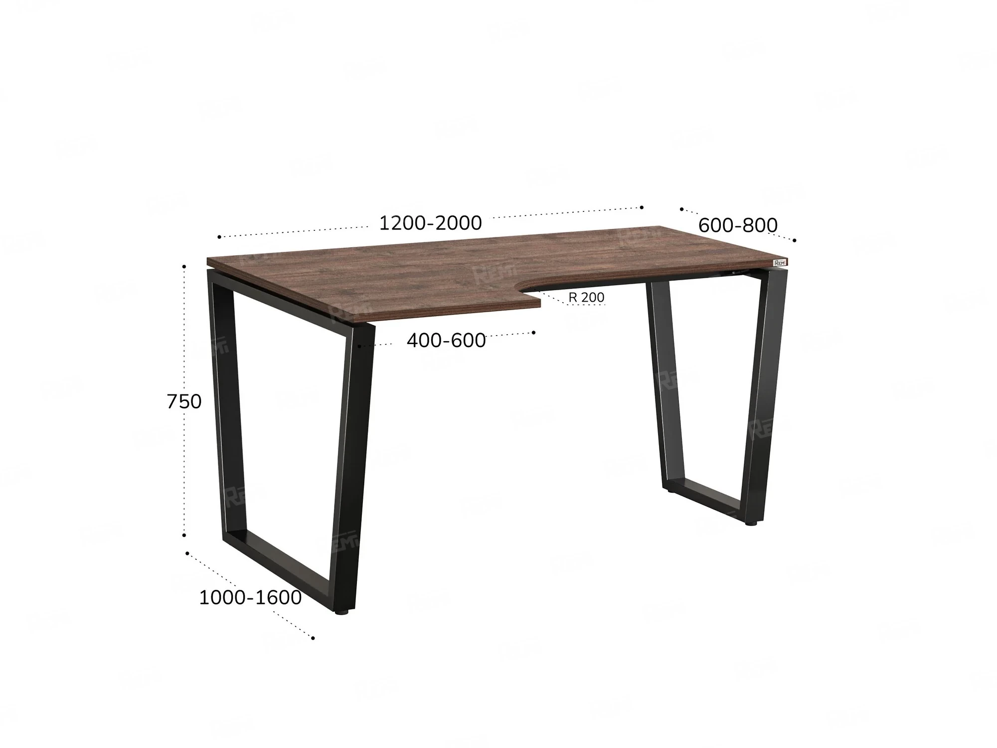 Стол угловой, U-опора, левый 1400x600/900x750, RM051-14x6-9 Дуб Апрельский шоколад/Черный