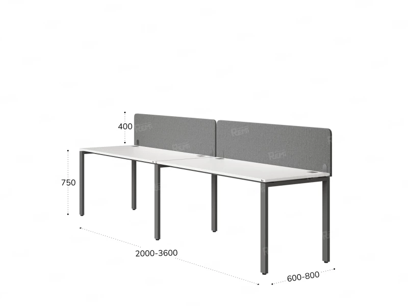 Бенч-система в 1 ряд, 2 рабочих места 2 тканевых экранов 2000x800x750 RM167-3-20x8 Белый/Серый