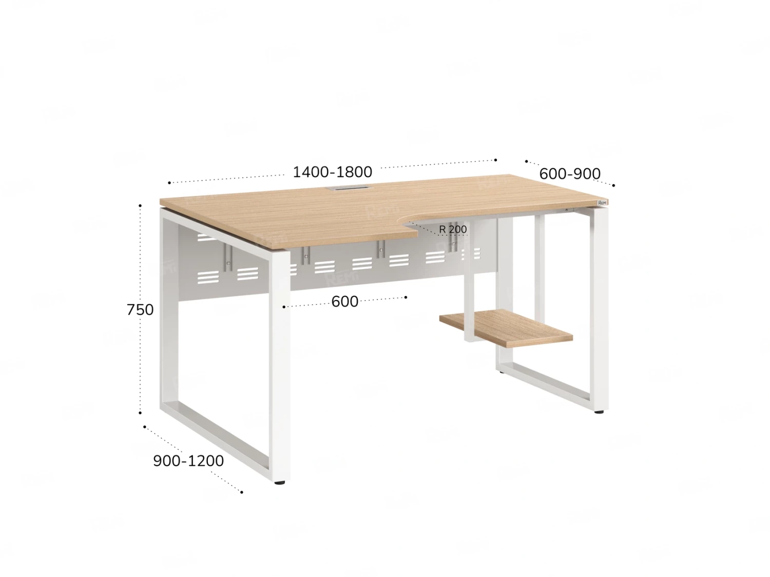 Стол угловой, экран металл, О-опора, правый 1400x900/1200x750, RM057-14x9-12 Вяз Швейцарский светлый/Белый