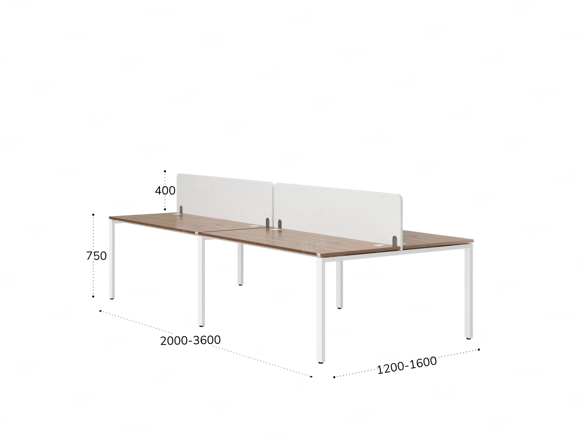 Бенч-система, 4 рабочих места, на П-образных опорах, 2 тканевых экранов 2800x1600x750 RM166-3-14x16 Дуб Юстус/Белый