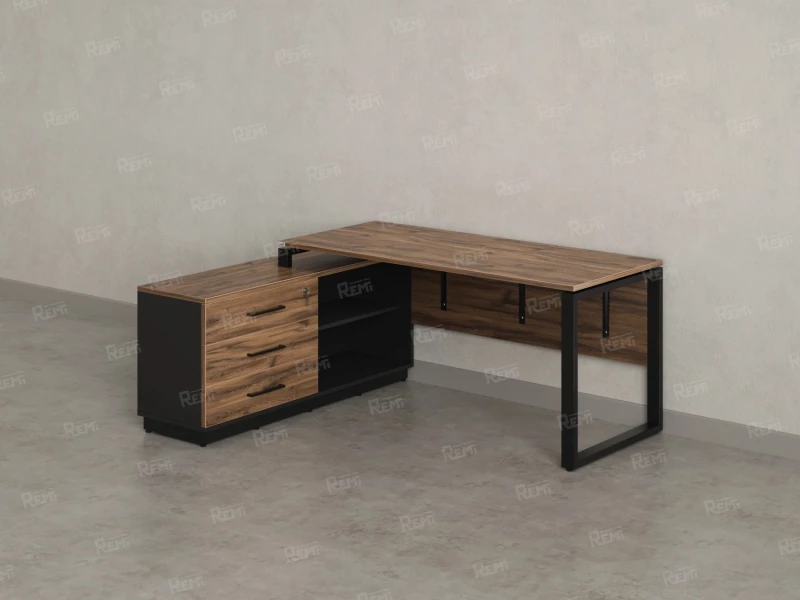 Стол прямой с тумбой L, ЛДСП экран, О-опора 1800x1400x750 RM013L-18x6 Дуб Юстус/Черный