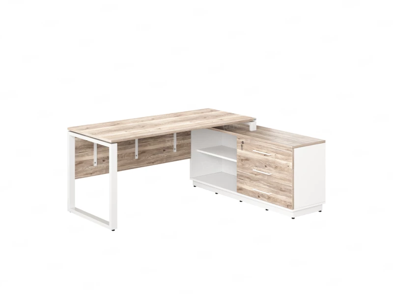 Стол прямой с тумбой R, ЛДСП экран, О-опора 1600x1400x750 RM012R-16x7 Дуб Маувелла/Белый