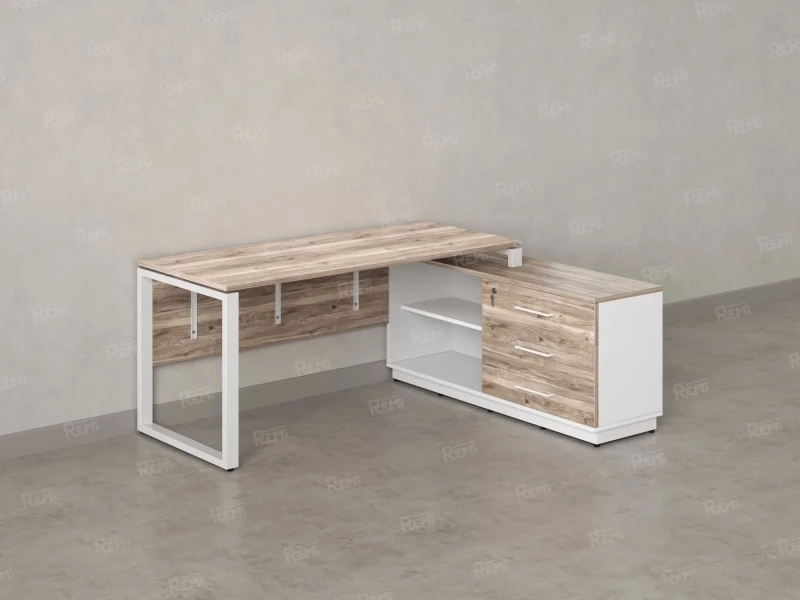 Стол прямой с тумбой R, ЛДСП экран, О-опора 1600x1400x750 RM012R-16x7 Дуб Маувелла/Белый