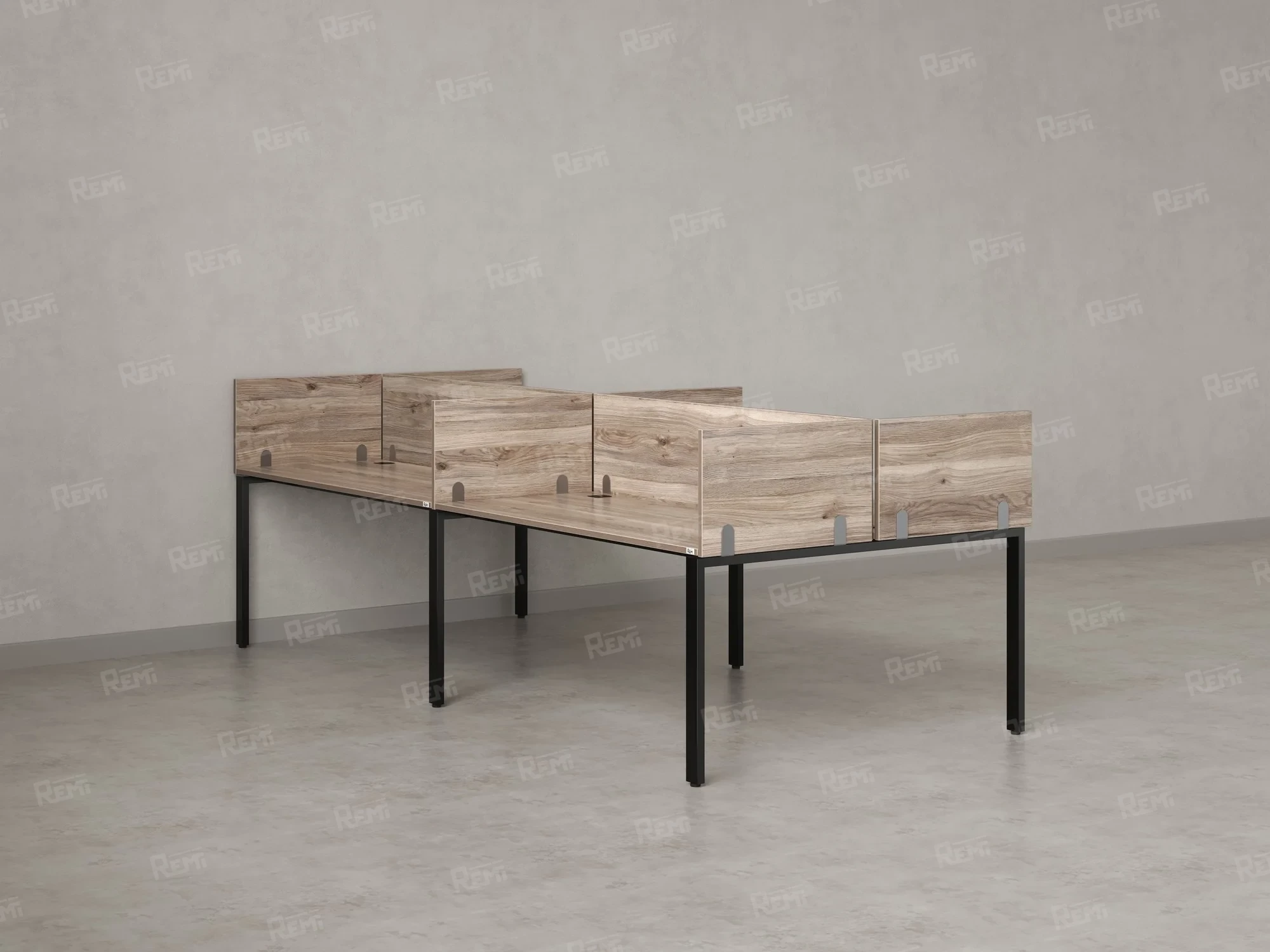 Бенч-система, 4 рабочих места, на П-образных опорах, 8 ЛДСП экранов 2800x1600x750 RM166-2-14x16 Дуб Маувелла/Черный