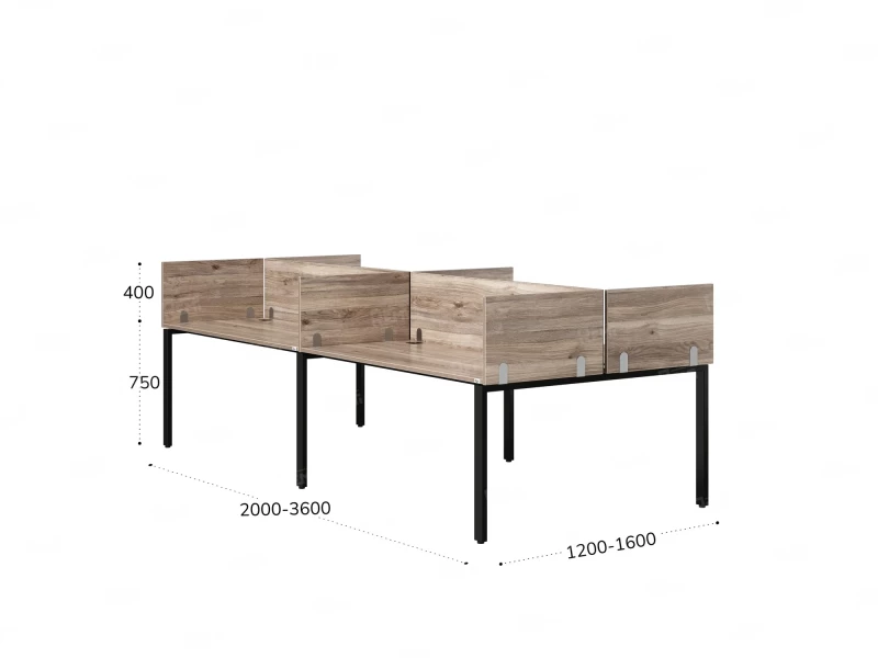 Бенч-система, 4 рабочих места, на П-образных опорах, 8 ЛДСП экранов 2800x1600x750 RM166-2-14x16 Дуб Маувелла/Черный