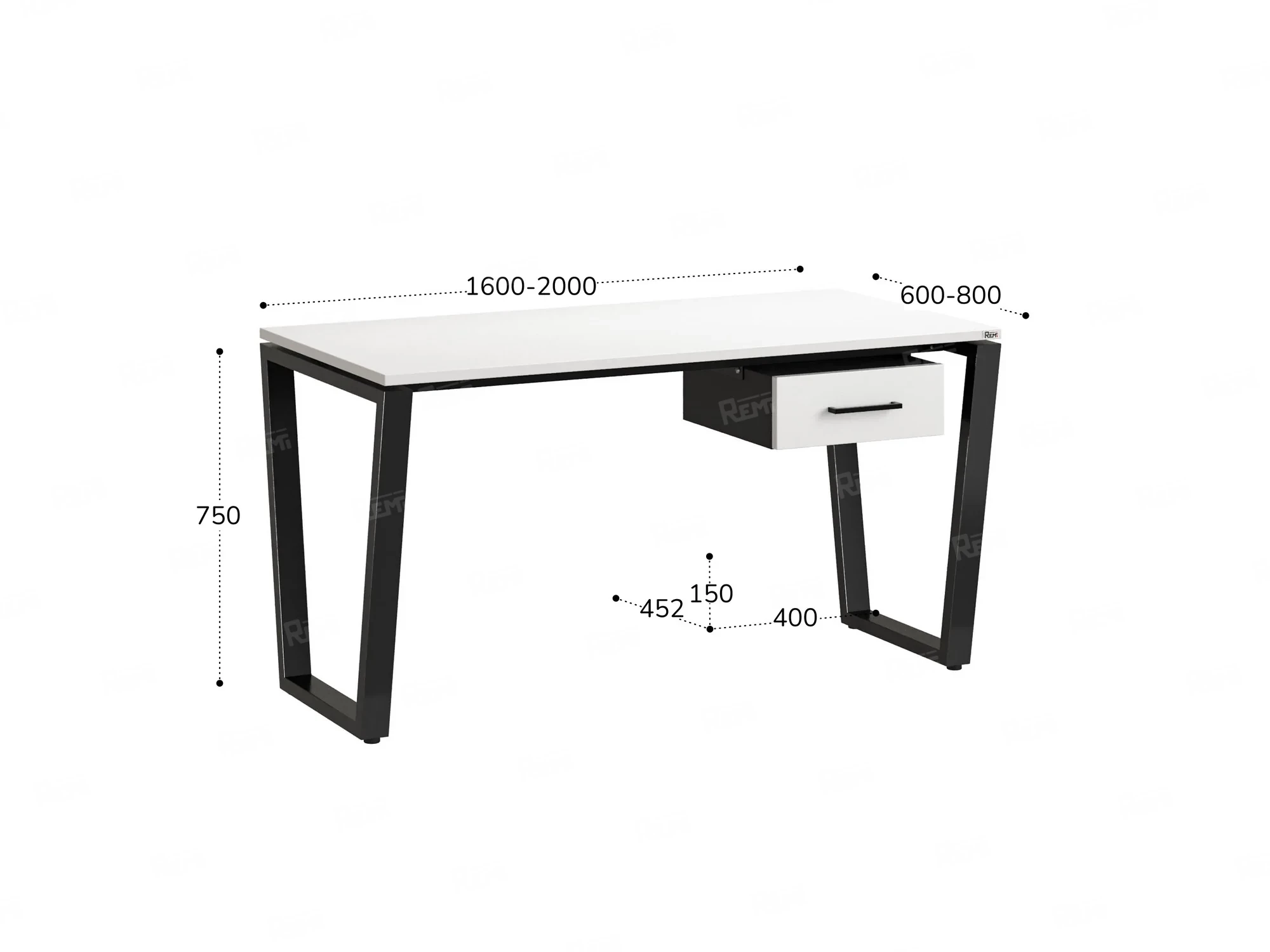 Стол прямой с подвесной тумбой, U-опора 1800x800x750 RM034-18x8 Белый/Черный