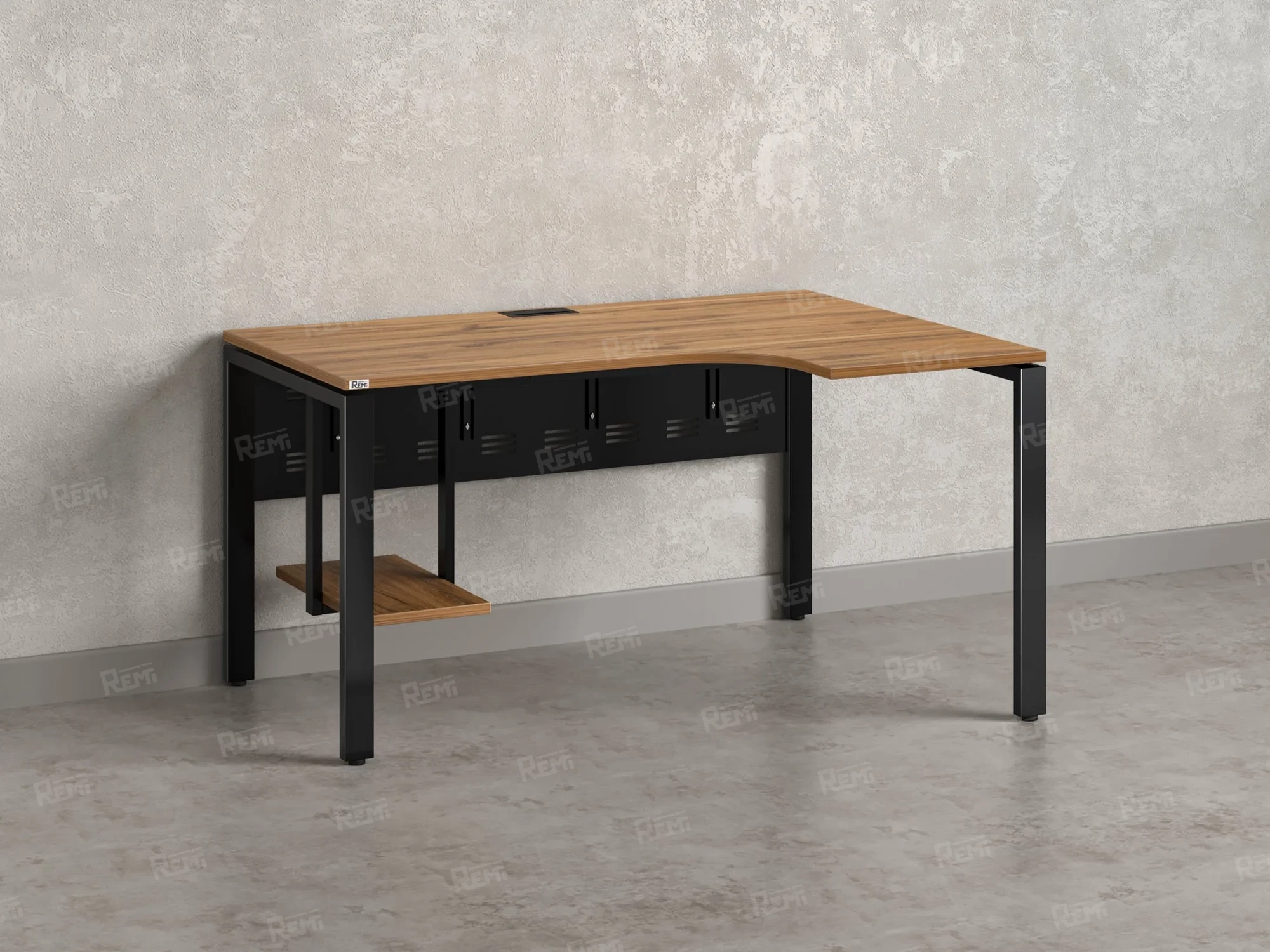 Стол угловой, экран металл, П-опора, правый 1600x700/900x750, RM058-16x7-9 Дуб Юстус/Черный