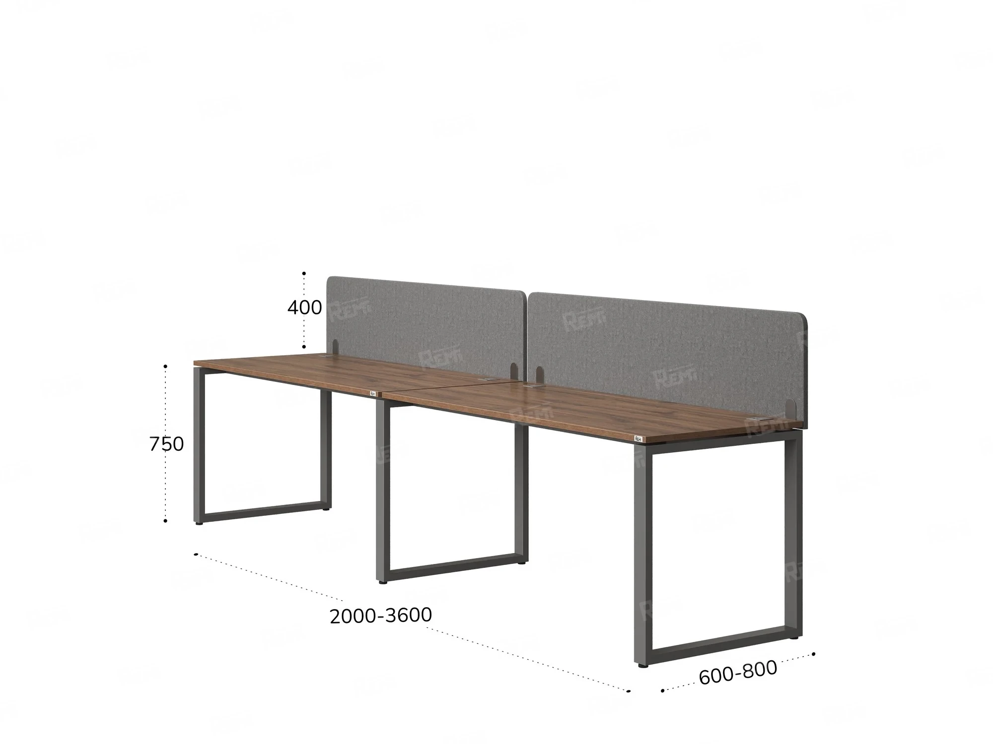 Бенч-система в 1 ряд, 2 рабочих места 2 тканевых экранов 2700x800x750 RM168-3-27x8 Дуб Юстус/Серый
