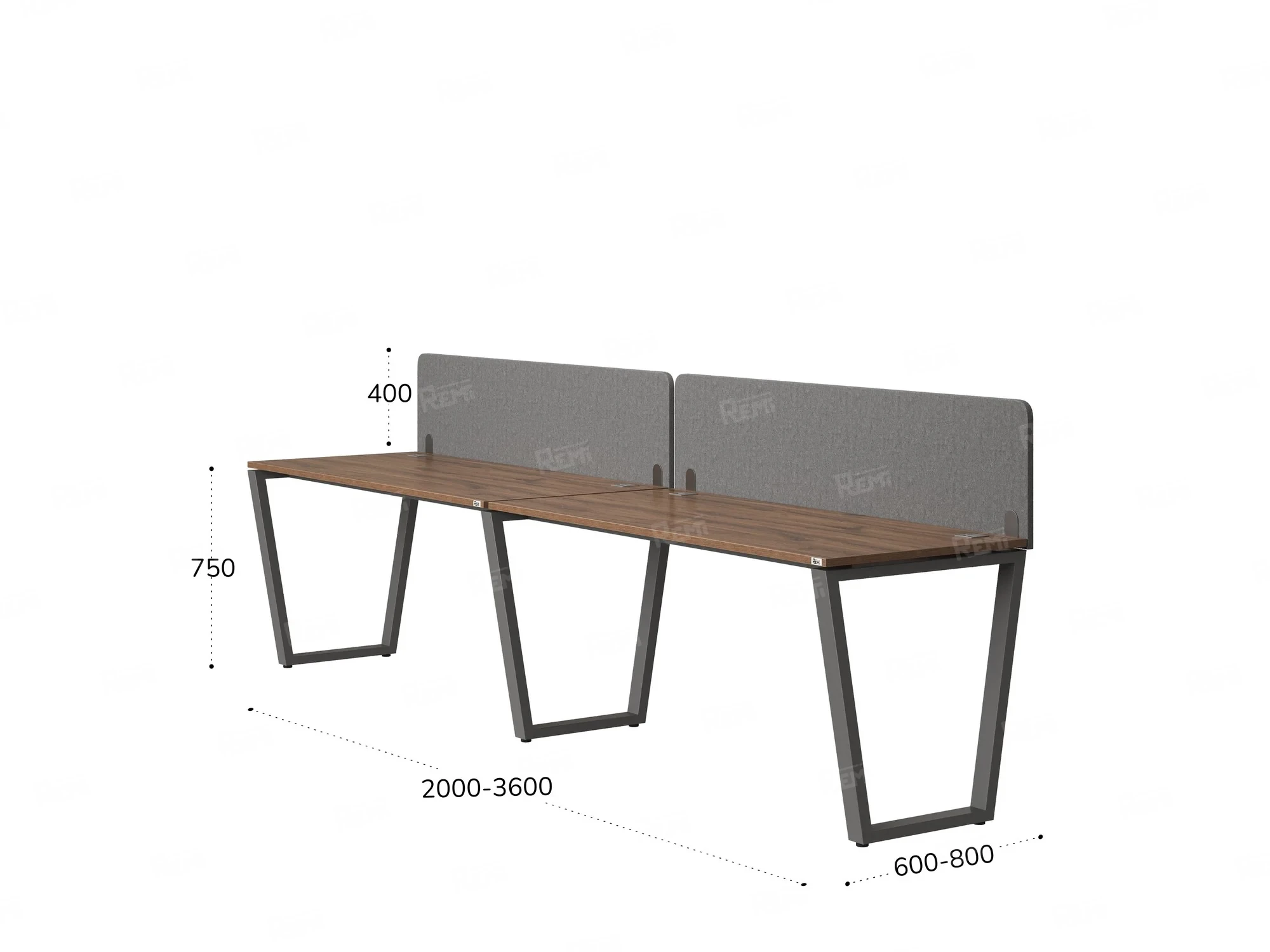 Бенч-система в 1 ряд, 2 рабочих места 2 тканевых экранов 2700x800x750 RM174-3-27x8 Дуб Юстус/Серый