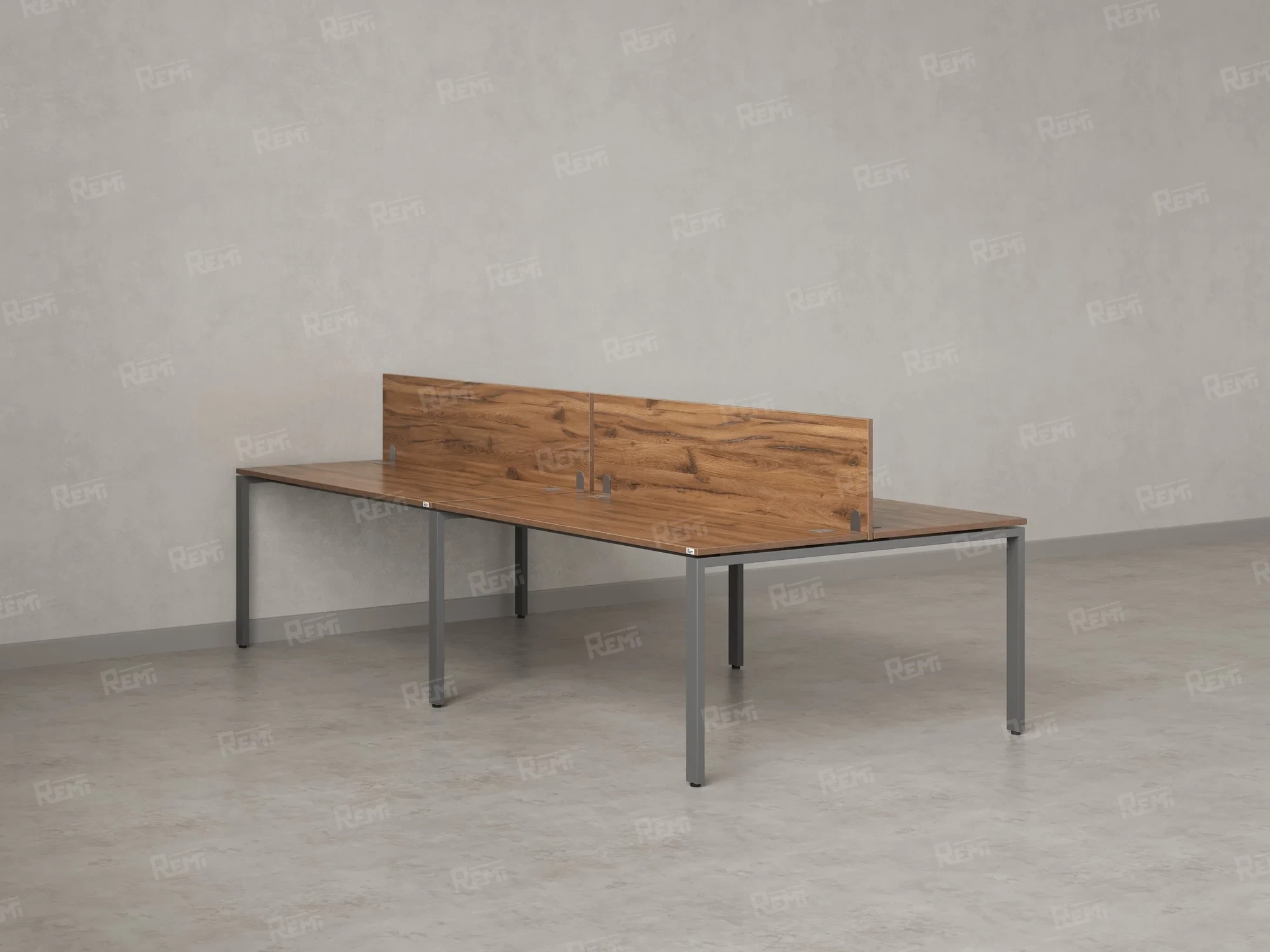 Бенч-система, 4 рабочих места, на П-образных опорах, 2 ЛДСП экранов 3600x1400x750 RM166-4-18x14 Дуб Юстус/Серый