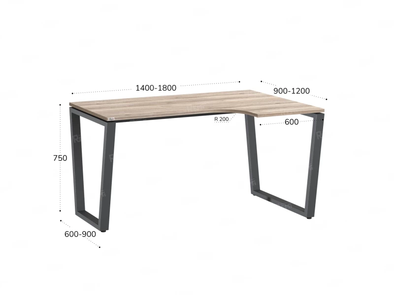 Стол угловой, U-опора, правый 1800x600/900x750, RM050-18x6-9 Дуб Маувелла/Серый