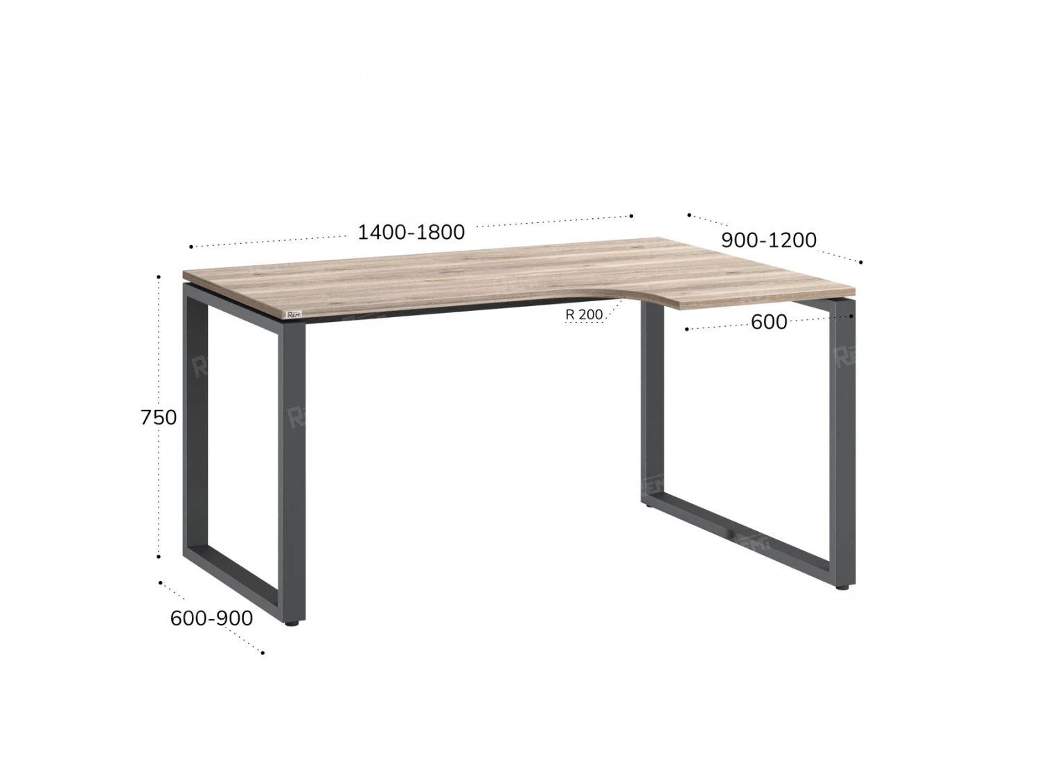 Стол угловой, О-опора, правый 1600x600/900x750, RM054-16x6-9 Дуб Маувелла/Серый