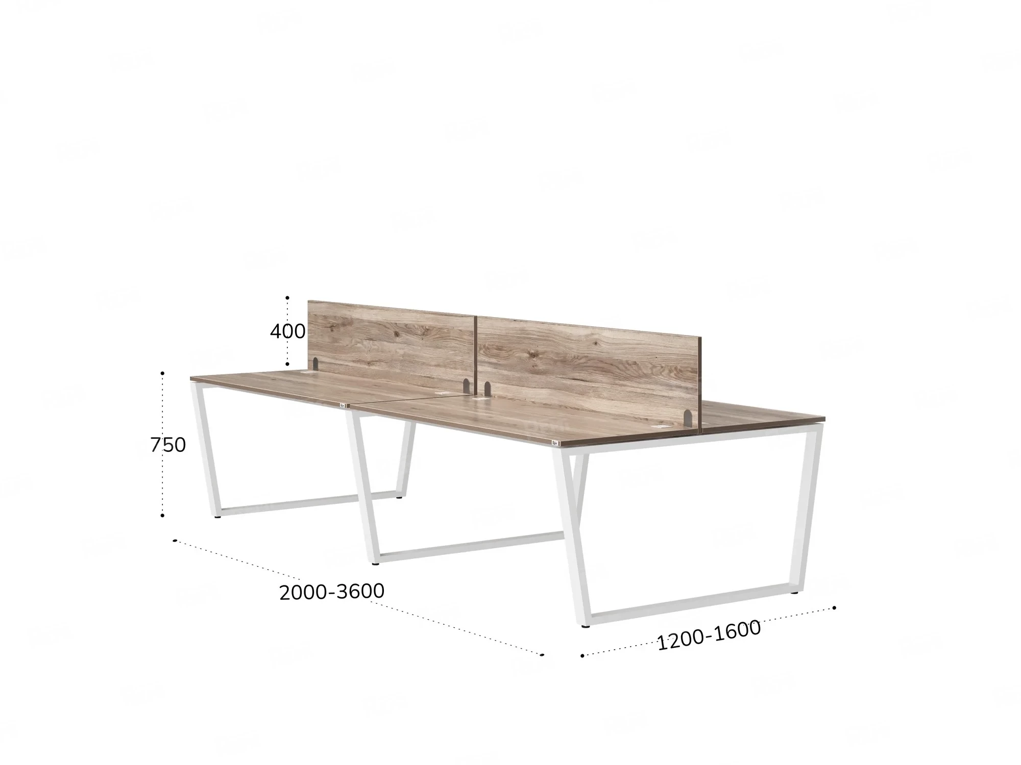 Бенч-система, 4 рабочих места, на U-образных опорах, 2 ЛДСП экранов 2000x1200x750 RM173-4-10x12 Дуб Маувелла/Белый