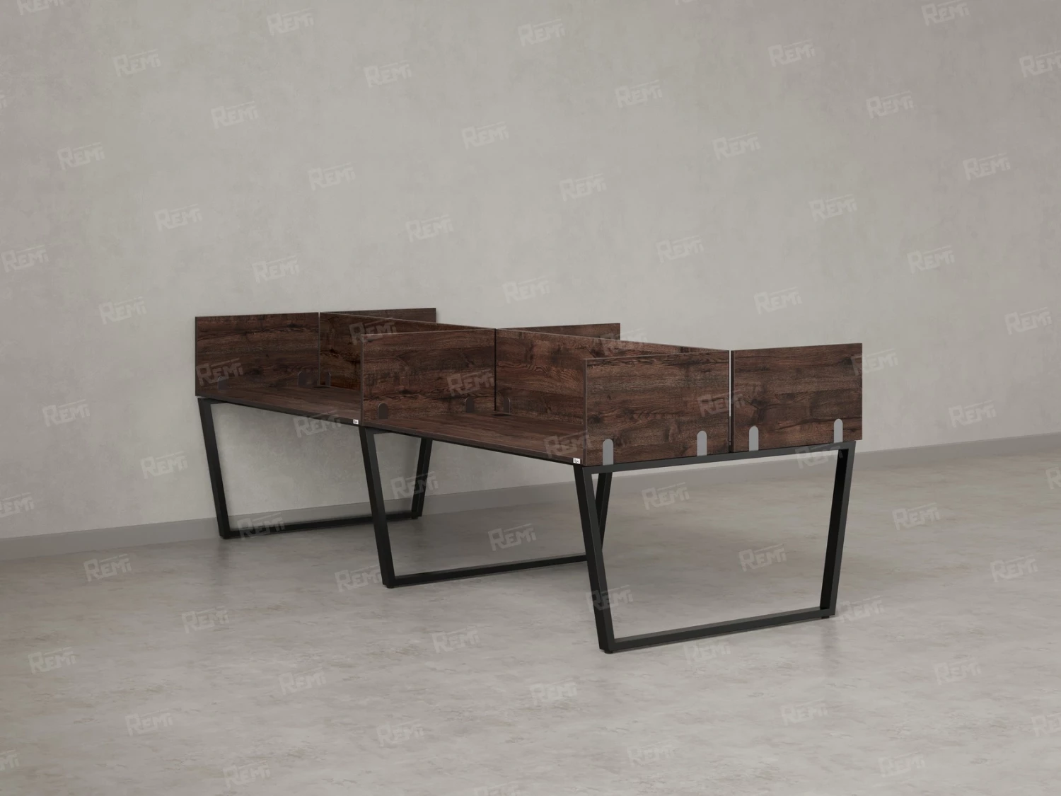 Бенч-система, 4 рабочих места, на U-образных опорах, 8 ЛДСП экранов 3200x1400x750 RM173-2-16x14 Дуб Апрельский шоколад/Черный