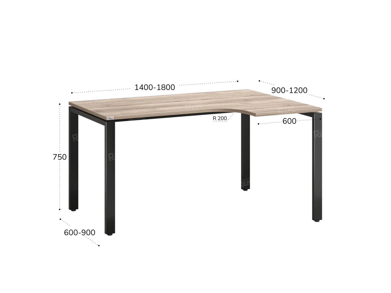Стол угловой, П-опора, правый 1400x600/900x750, RM052-14x6-9 Дуб Маувелла/Черный