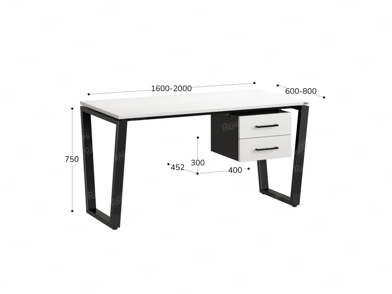 Стол прямой с подвесной тумбой 2 ящика, U-опора 2000x800x750 RM035-20x8 Белый/Черный