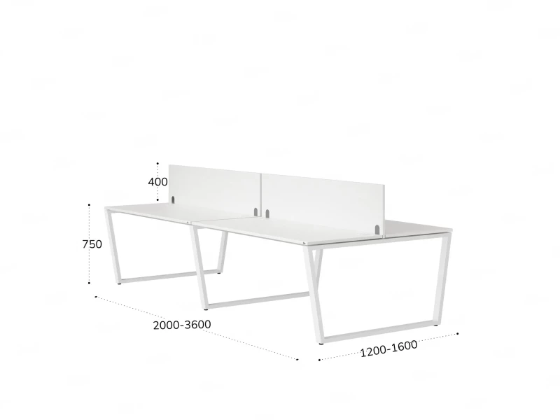 Бенч-система, 4 рабочих места, на U-образных опорах, 2 ЛДСП экранов 3600x1600x750 RM173-4-18x16 Белый/Белый