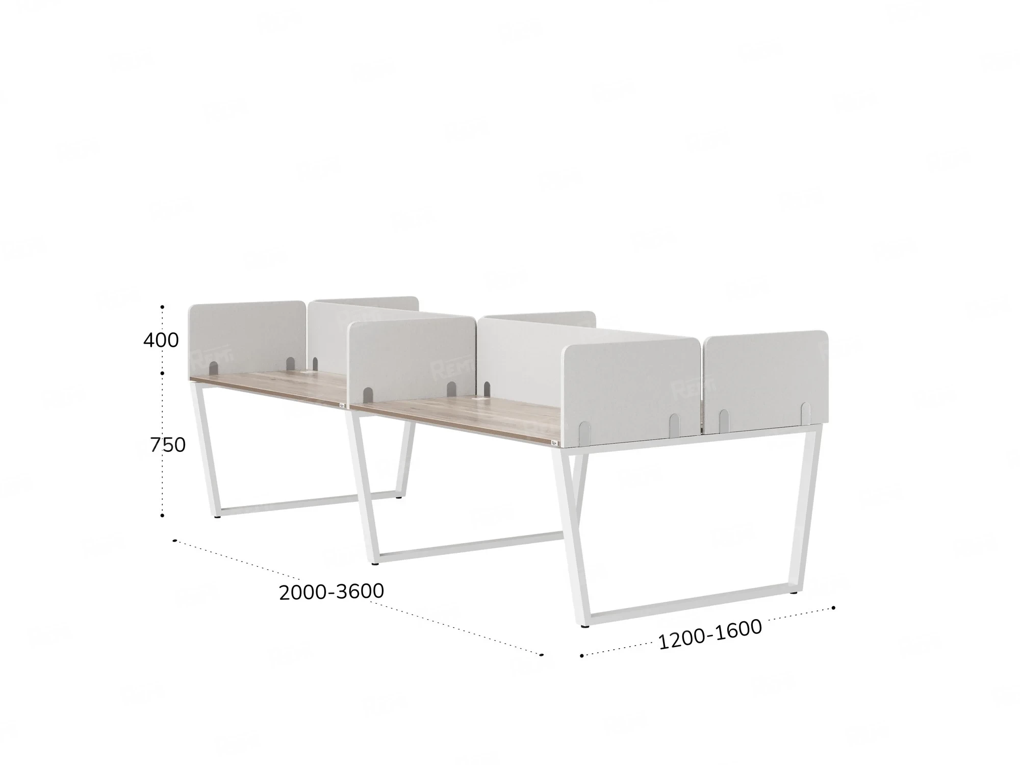 Бенч-система, 4 рабочих места, на U-образных опорах, 8 тканевых экранов 2400x1600x750 RM173-1-12x16 Дуб Маувелла/Белый