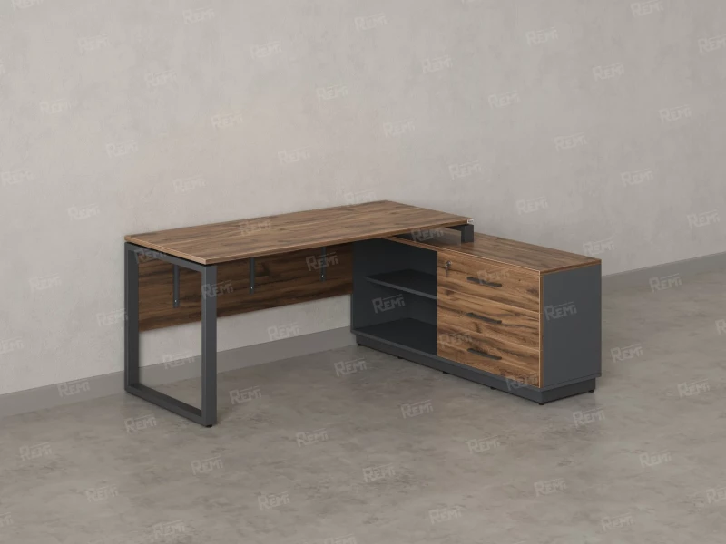 Стол прямой с тумбой R, ЛДСП экран, О-опора 1600x1400x750 RM012R-16x7 Дуб Юстус/Серый