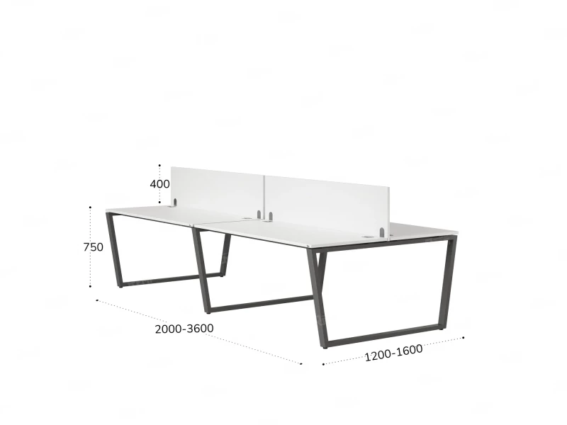 Бенч-система, 4 рабочих места, на U-образных опорах, 2 ЛДСП экранов 3600x1600x750 RM173-4-18x16 Белый/Серый