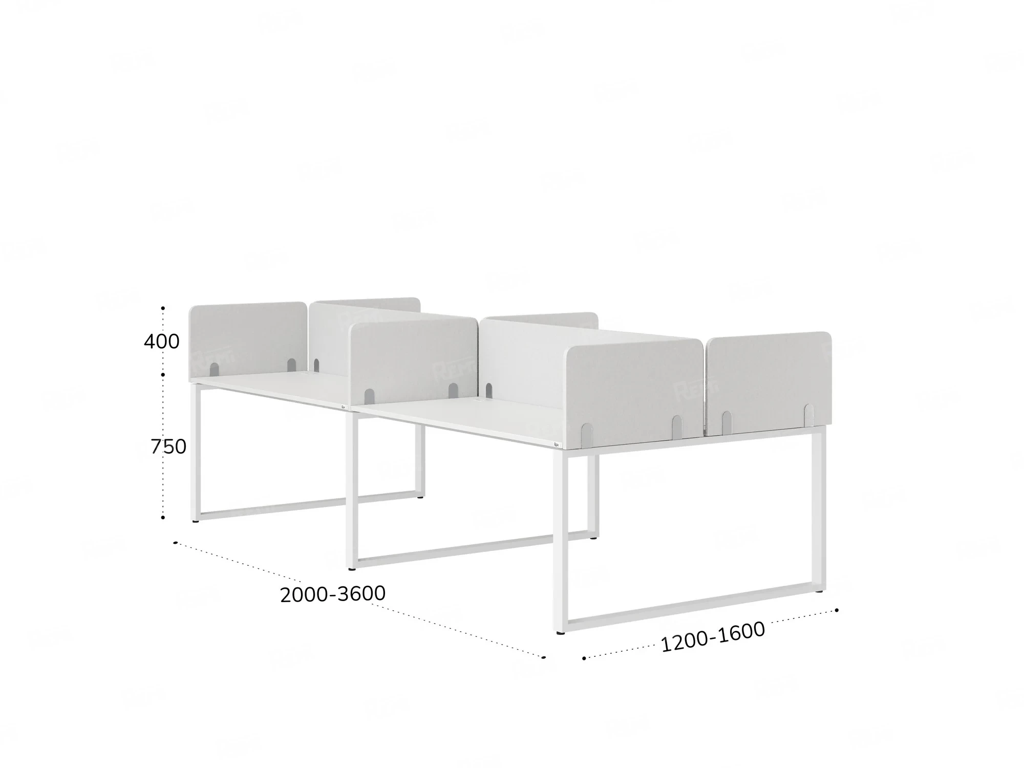 Бенч-система, 4 рабочих места, на О-образных опорах, 8 тканевых экранов 3600x1600x750 RM170-1-18x16 Белый/Белый
