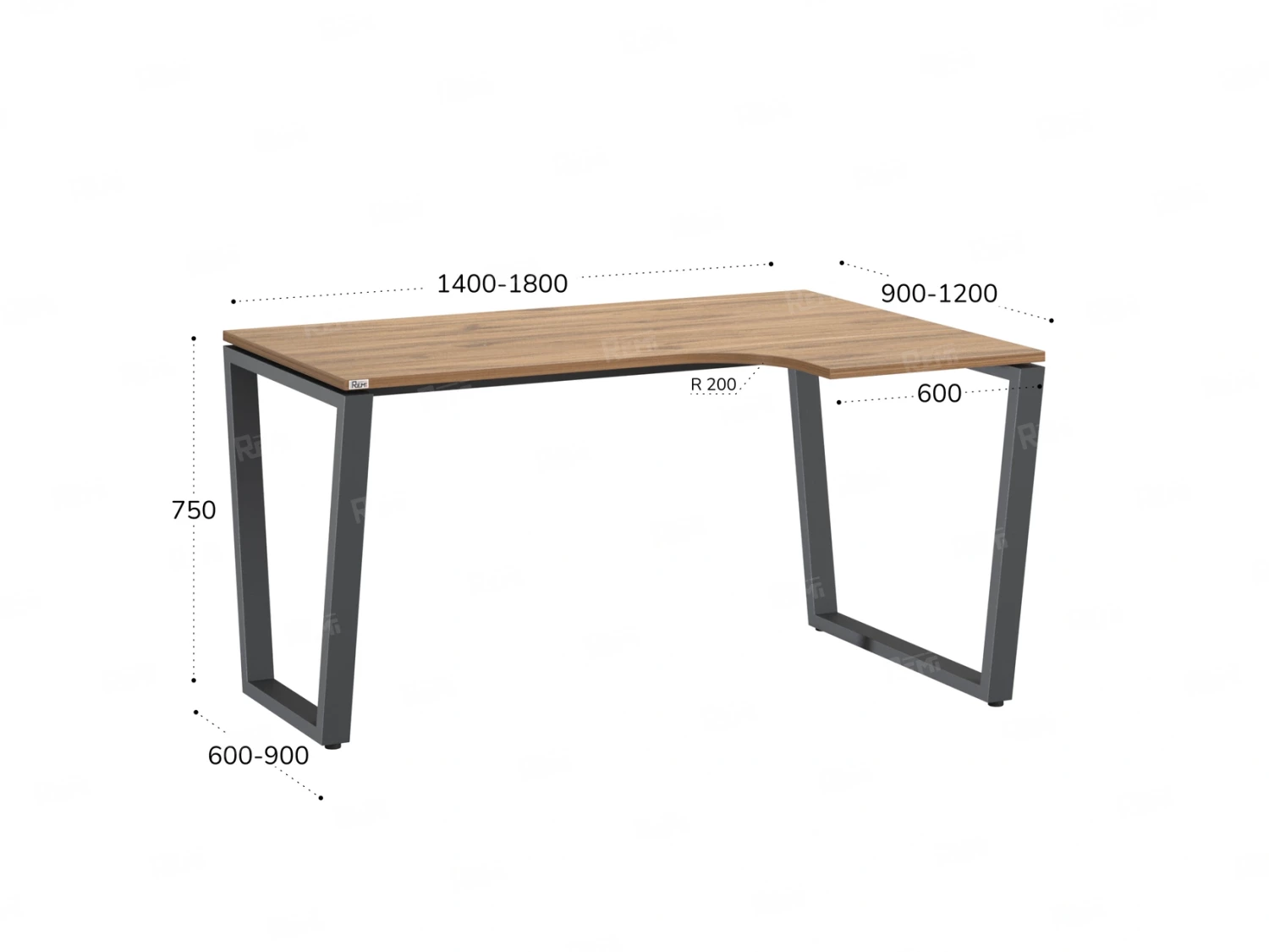 Стол угловой, U-опора, правый 1800x600/900x750, RM050-18x6-9 Дуб Юстус/Серый