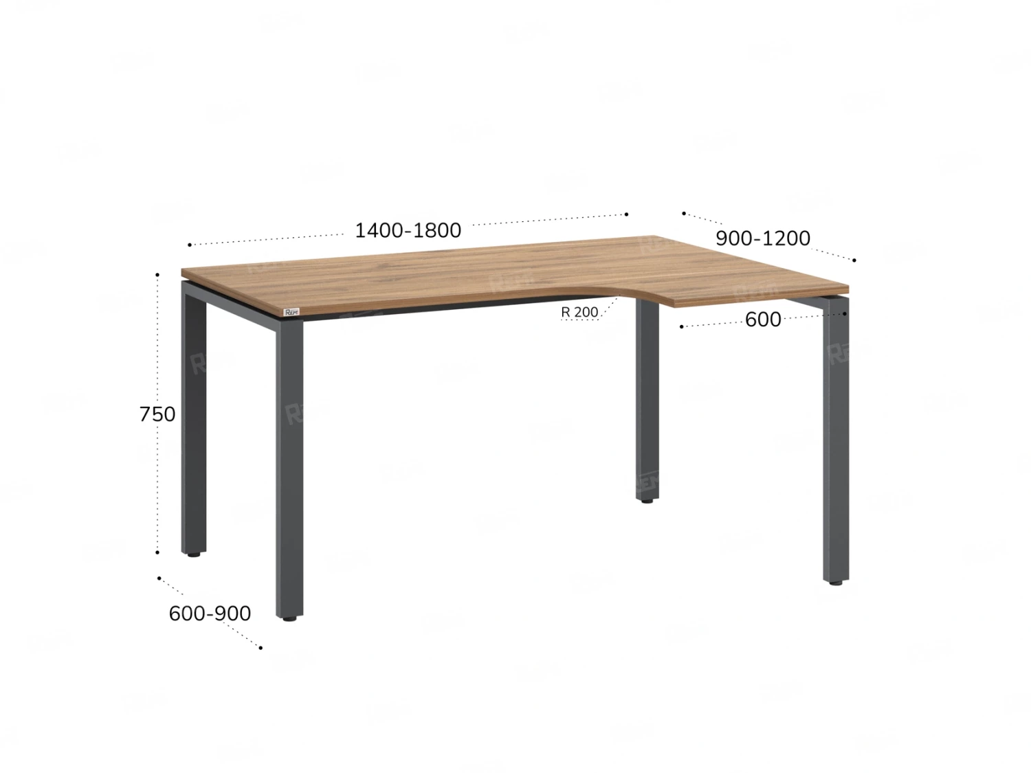 Стол угловой, П-опора, правый 1400x600/900x750, RM052-14x6-9 Дуб Юстус/Серый