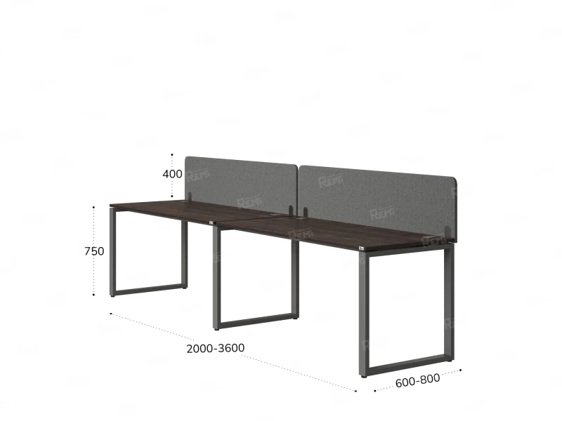 Бенч-система в 1 ряд, 2 рабочих места 2 тканевых экранов 2000x800x750 RM168-3-20x8 Дуб Апрельский шоколад/Серый