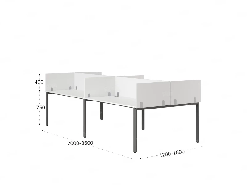 Бенч-система, 4 рабочих места, на П-образных опорах, 8 ЛДСП экранов 3200x1200x750 RM166-2-16x12 Белый/Серый
