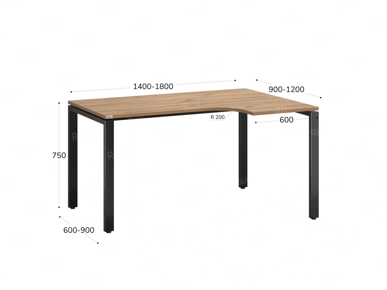 Стол угловой, П-опора, правый 1400x600/900x750, RM052-14x6-9 Дуб Юстус/Черный