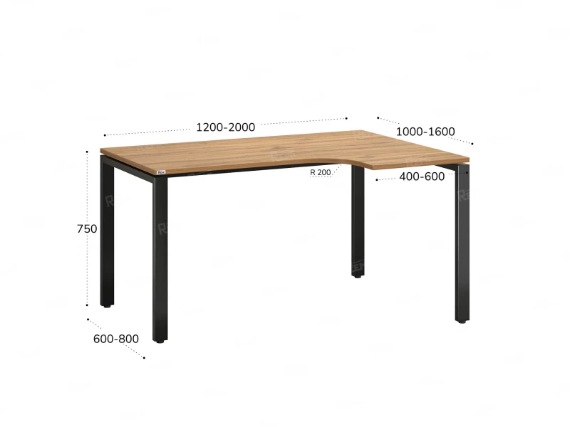 Стол угловой, П-опора, правый 1400x600/900x750, RM052-14x6-9 Дуб Юстус/Черный