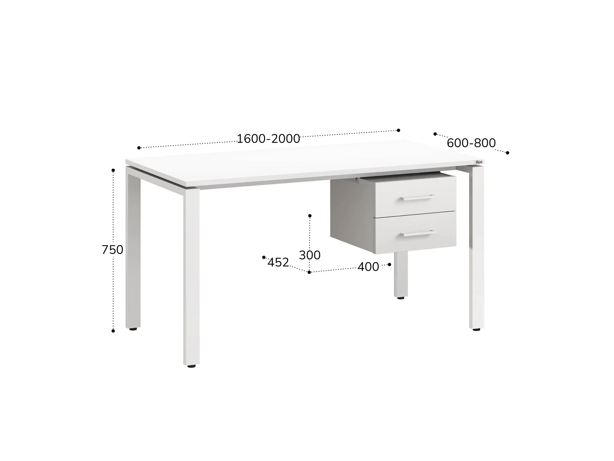 Стол прямой с подвесной тумбой 2 ящика, П-опора 1600x600x750 RM039-16x6 Белый/Белый
