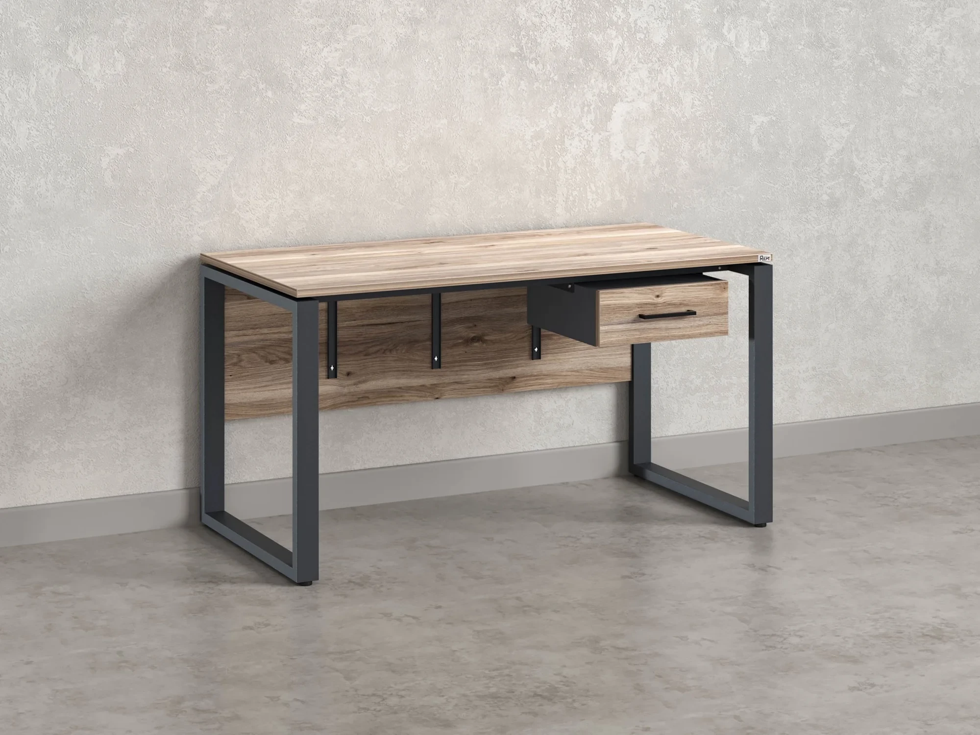 Стол прямой, подвесная тумба, ЛДСП экран, О-опора 1600x700x750 RM032-16x7 Дуб Маувелла/Серый