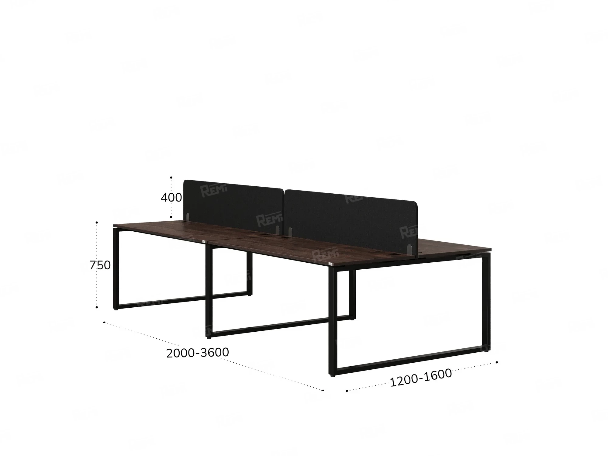 Бенч-система, 4 рабочих места, на О-образных опорах, 2 тканевых экранов 3600x1200x750 RM170-3-18x12 Дуб Апрельский шоколад/Черный