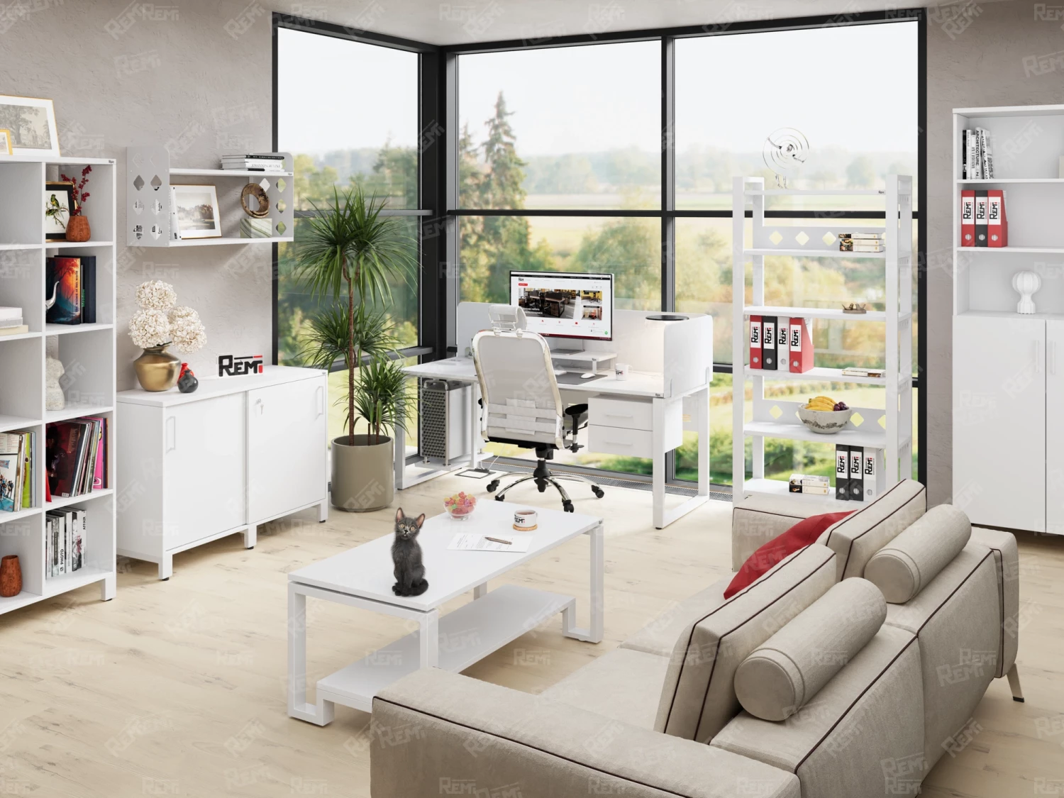 Стол прямой с тумбой R, ЛДСП экран, О-опора 1800x1400x750 RM012R-18x6 Белый/Белый