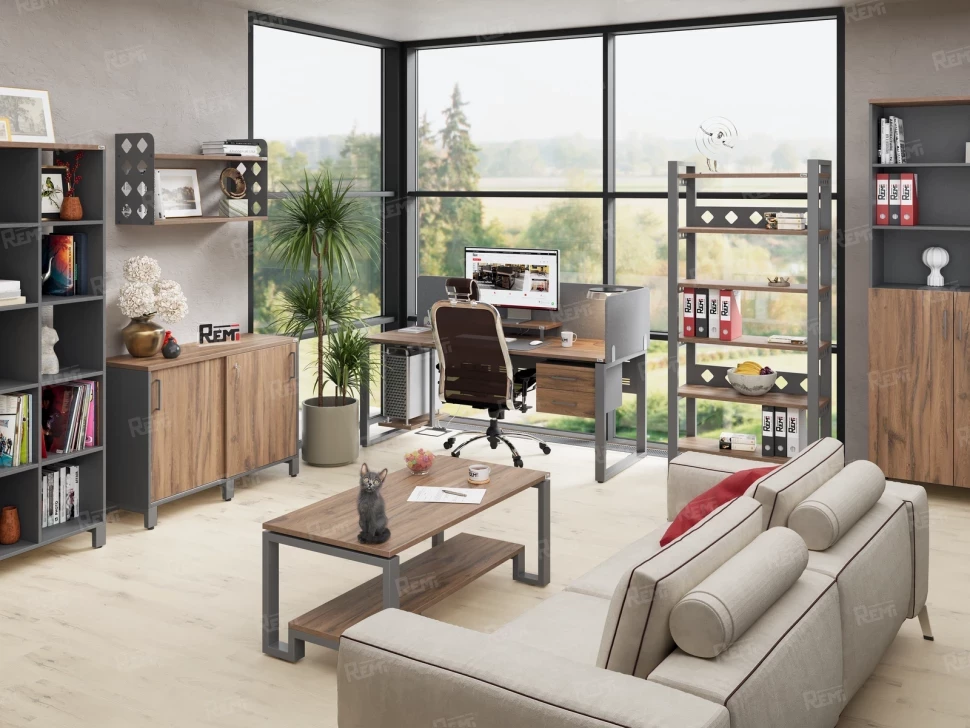 Стол прямой, подвесная тумба, ЛДСП экран, П-опора 1800x600x750 RM030-18x6 Дуб Юстус/Серый