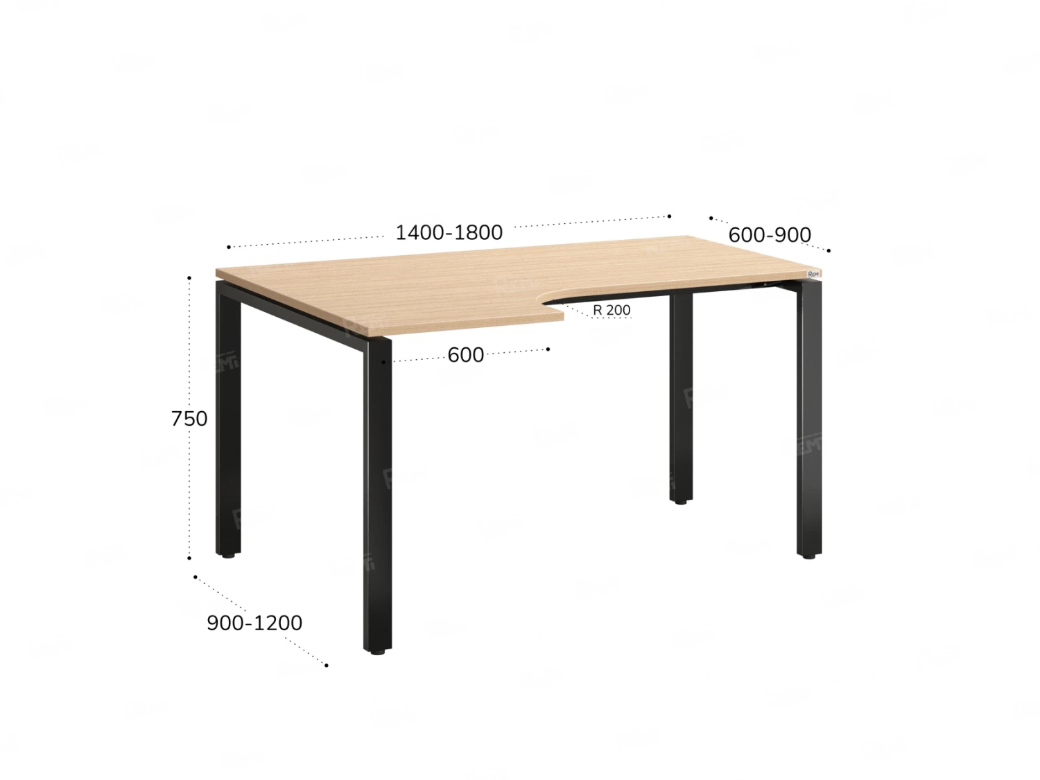 Стол угловой, П-опора, левый 1600x800/1000x750, RM053-16x8-10 Вяз Швейцарский светлый/Черный