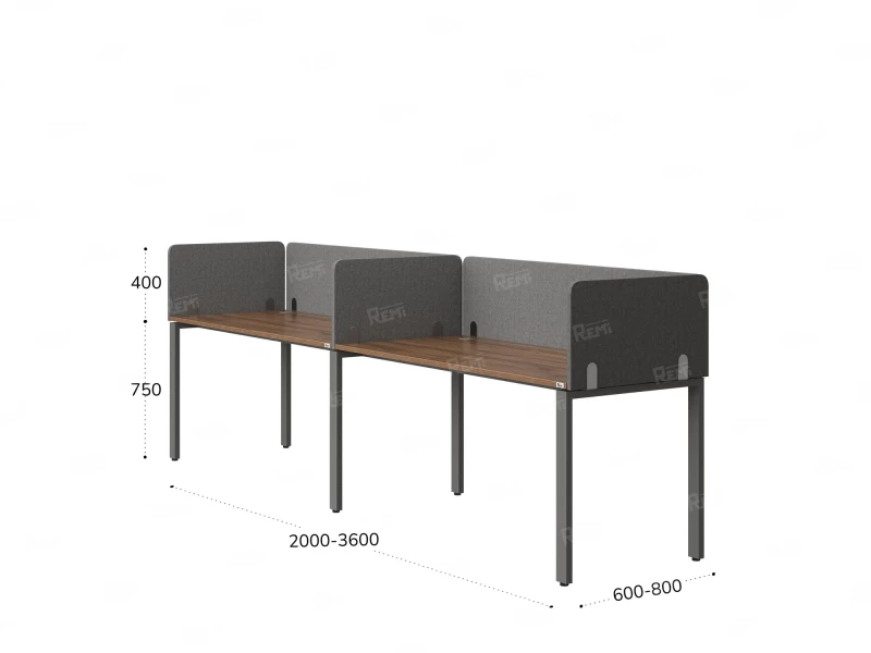 Бенч-система в 1 ряд, 2 рабочих места 5 тканевых экранов 2400x800x750 RM167-1-24x8 Дуб Юстус/Серый